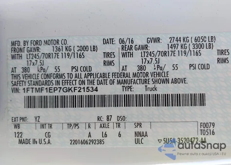 2016 Ford F-150 Xl из США, поврежденный, VIN 1FTMF1EP7GKF21534